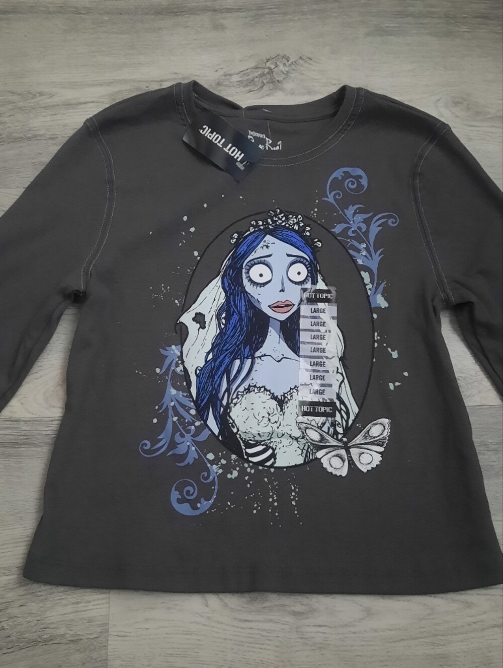 Hot Topic Dark Gray Long Sleeve Tee with Blue Corpse Bride Graphic